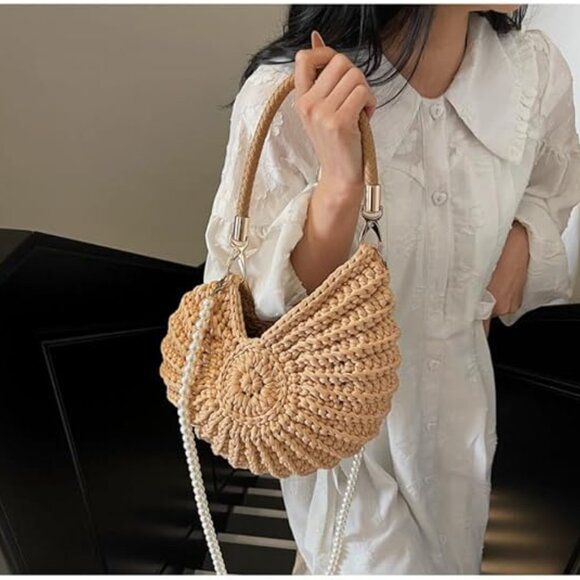 Neiman Marcus Handwoven Crochet Seashell Bag with Pearl Chain Handle - Picture 2 of 7